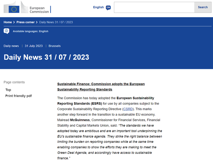 歐盟執委會宣布正式採用ESRS，資料來源：European Commission
