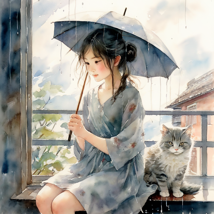 雨絲是銀灰色的，女孩的傘是天藍色的，帶著一些白色的花紋，窗臺上貓咪的毛色顯得有些暗淡的灰色