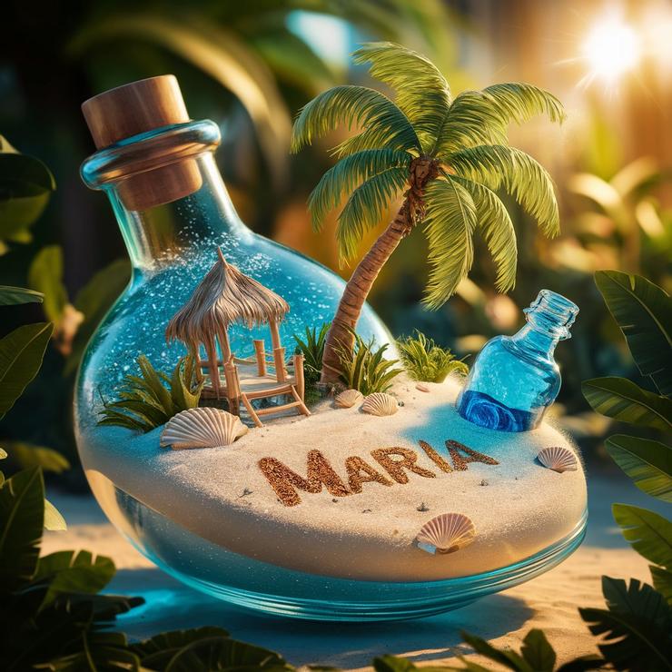 A mesmerizing 3D render of a glass bottle transformed into a miniature tropical paradise. The pristine white sand shimmers under the warm sunlight, accompanied by sparkling shells and an intricately detailed palm tree swaying gently in the breeze. A charming thatched-roof hut and a shimmering blue bottle add to the idyllic beach scene. The sandy message "MARIA" exudes joy and tranquility. The cinematic and illustrative style of the rendering immerses the viewer in a sun-drenched, captivating escape. This 32k, 4D, full HDR, and hyper-realistic masterpiece is a testament to the future of digital art and imaging, redefining visual storytelling through its breathtaking depth and detail., cinematic, 3d render