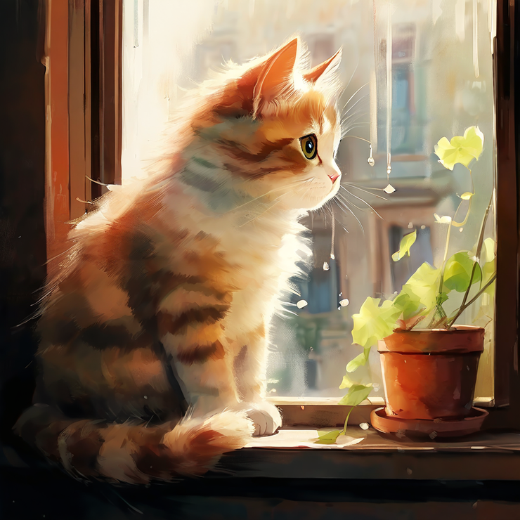 貓咪在水彩窗臺上期待的模樣