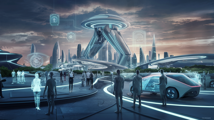 A futuristic vision of a world ruled by artificial intelligence, where advanced technology and innovation have transformed society for the better. The skyline is dominated by sleek, futuristic buildings with glowing lights. People, dressed in modern and sleek attire, move about the city, interacting with holographic displays and autonomous vehicles. The overall atmosphere is one of harmony, cleanliness, and efficiency, showcasing a world where AI has been harnessed to create a utopia for all.