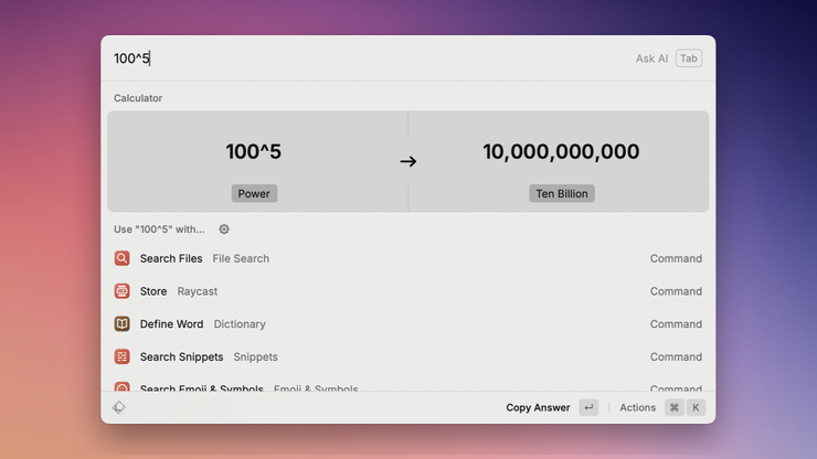 輸入「100^5」，Raycast 的計算機功能就會直接顯示結果「10,000,000,000」