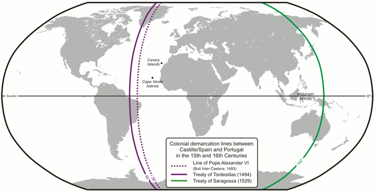 教皇於1493年，曾為葡萄牙和西班牙劃定了殖民擴張分界線，即「教皇子午線」。