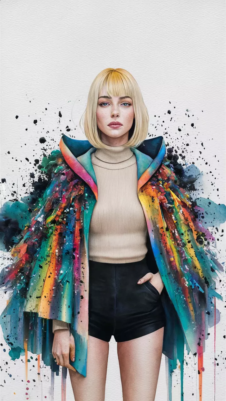 A stunning minimalist watercolor portrait of a woman with blonde hair, sporting a neutral expression. She is adorned with a vibrant, multicolored ink explosion cloak that cascades into an ink painting around her. The cloak, a blend of ink explosion and multi-colored elements, adds a dynamic and textured appearance. The woman wears a simple beige turtleneck sweater and black shorts beneath the cloak. The background is a plain white canvas, allowing the viewer to fully appreciate the intricate details and rich colors of the subject and her garments., fashion, vibrant, painting, graffiti