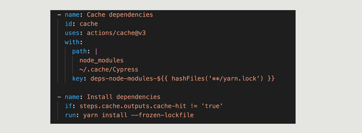 指定 Cache key，如果 cache hit 就不需要重跑 install