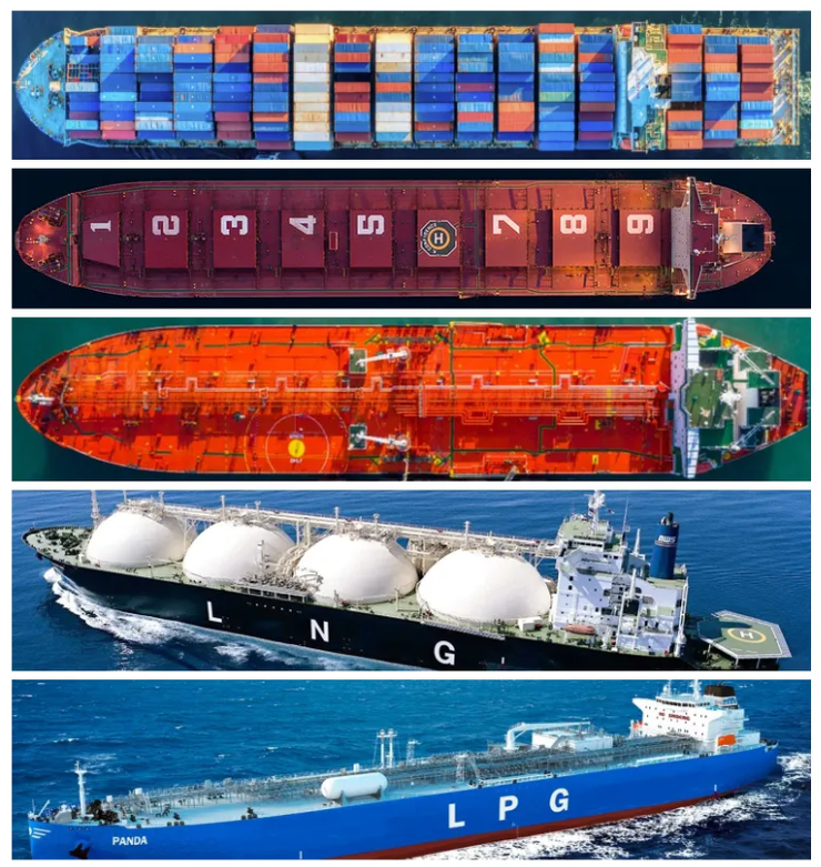 貨櫃船／散裝船／油輪(化學品船)／LNG tanker ／LPG tanker (上至下) from Google