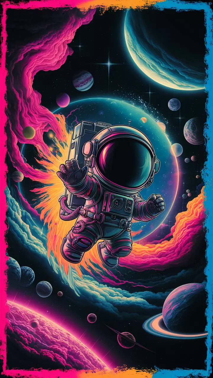 A vibrant pop art masterpiece featuring a small, energetic astronaut soaring towards the viewer amidst a cosmic spectacle. The chibi astronaut's suit is a burst of colors, creating a mesmerizing pattern that draws the eye. The background showcases an otherworldly scene of swirling neon gas, twinkling stars, and diverse planets of various sizes. The illustration masterfully combines traditional animal portraiture with a modern, cosmic twist. A distinctive border with faded edges and a sharp, focused center highlights the astronaut's powerful stance and the vivid galactic backdrop, resulting in a truly captivating work of art., vibrant, painting, illustration
