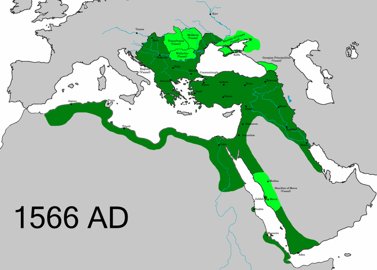鄂圖曼帝國最大勢力圖。圖片來源：Wiki Commons, "OttomanEmpire1566.png"