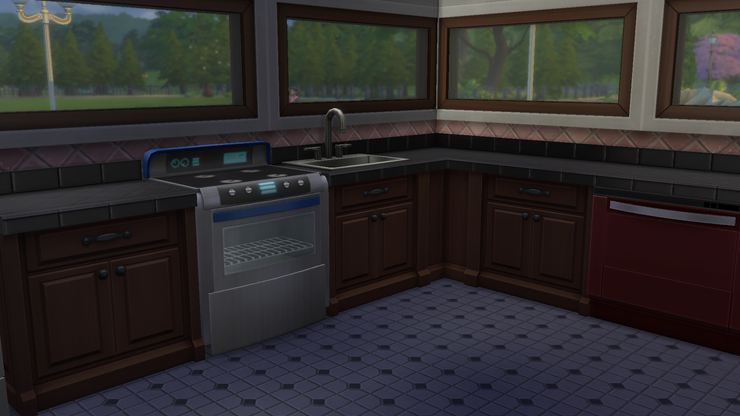 廚房對我來說是個很重要的空間！很多時候我設計Sim house時都會把廚房設計成開放式，一來不想太多牆妨礙控制，二來總想多些空間和窗戶。(抱歉這是在沒有開房間燈時拍的。)
