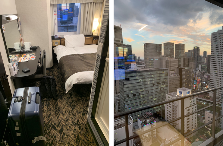 APA Hotel 大阪梅田站 (左圖是房間的格局，右圖沒記錯的話是 13 樓看出去的風景)