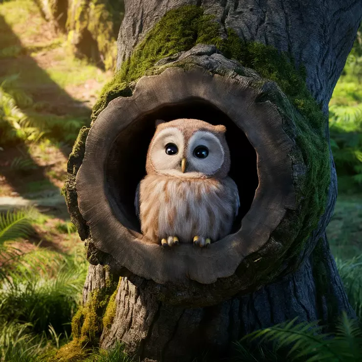 A captivating cinematic photo of a cute, wise-looking owl sitting in a perfectly round hole in a tree trunk. The owl has large, expressive eyes and a soft, feathery appearance. The tree trunk is rugged and has a moss-covered exterior. The background reveals a lush, vibrant forest filled with sunlight, casting dappled shadows on the ground. The overall atmosphere of the image is serene and tranquil, with a sense of harmony between the owl and its natural surroundings., cinematic, photo