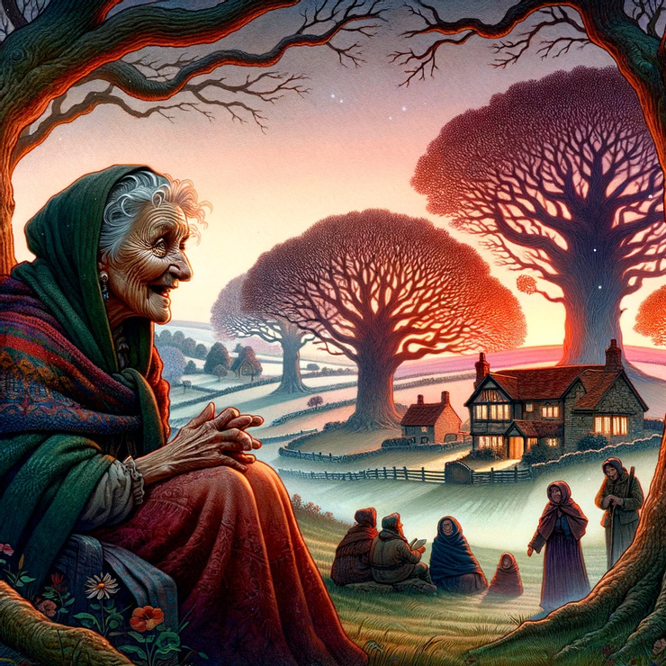 the wise elder, surrounded by the quaint village, whispering woods, and the young sapling.