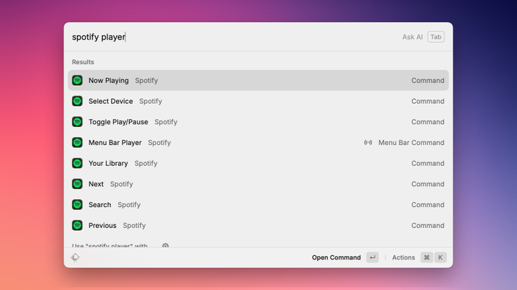 Spotify Player 擴充提供的指令。