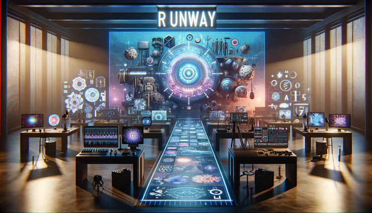 An artistic representation of a futuristic AI research lab branded with 'Runway'