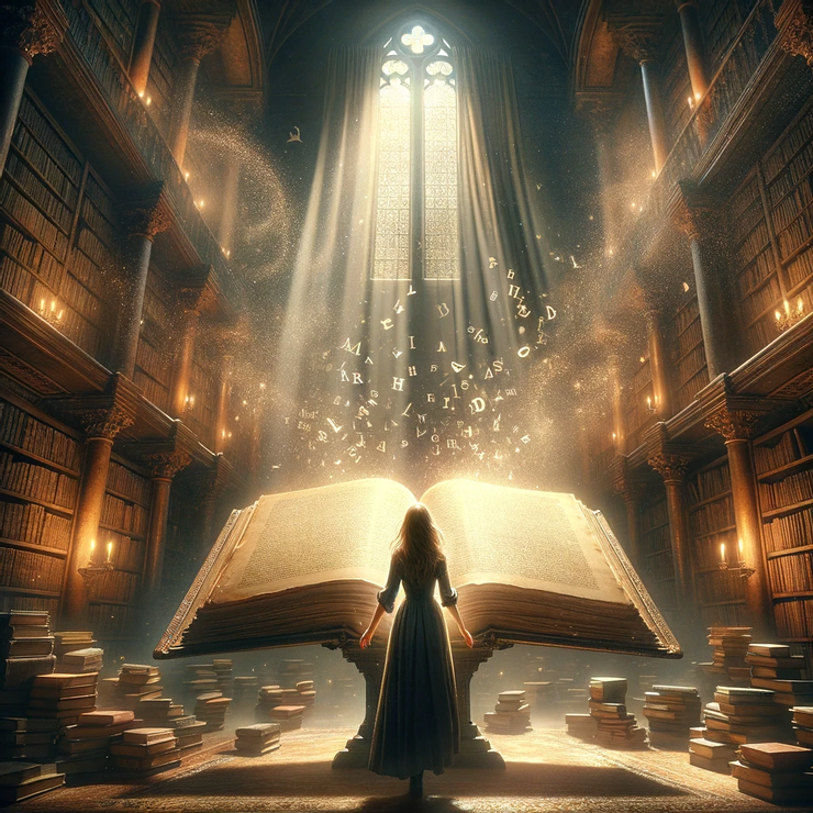Jane in an ancient library, with a book that glows, illuminating the surroundings with its mystical light