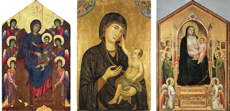 圖九(左)《莊嚴的聖母》，契馬布耶，1280；圖十(中)《聖母、聖嬰與兩位天使》，杜奇歐，1283 - 84；圖十一(右)《聖母登極》，喬托，1310