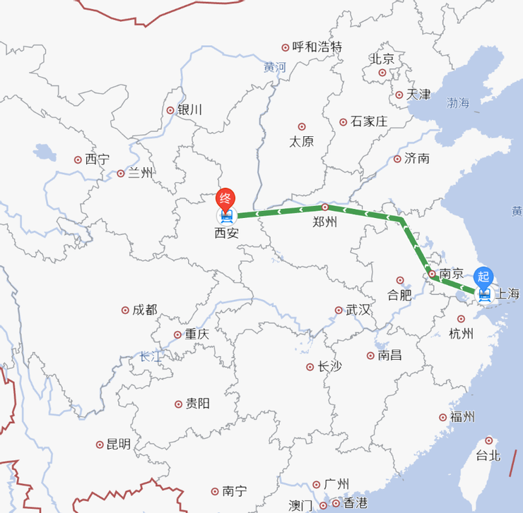 上海->西安 高鐵路線