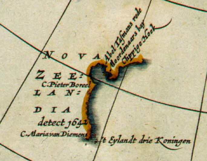紐西蘭在1657年的地圖。上寫著Nova Zeelandia。順便一提，不知道為什麼，這張地圖北邊在下面。圖片來源：Wiki Commons, "Detail of 1657 map Polus Antarcticus by Jan Janssonius, showing Nova Zeelandia.png"
