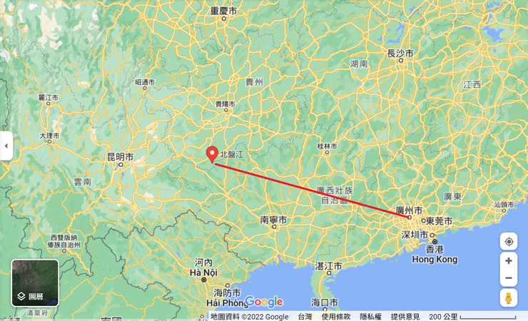 圖中紅線是古夜郎國(今貴州北盤江) 到南越首都番禺(今廣州)之間的距離