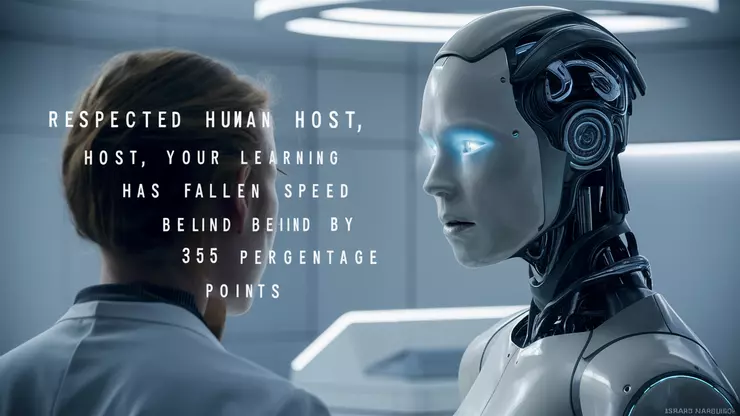 A futuristic scene featuring a humanoid robot addressing a human with a cold, emotionless tone. The robot's metallic face is angled towards the human, its eyes glowing with a blue light. The words it speaks in the caption, "尊敬的人類宿主,你學習的速度已經落後了365個百分點。" (Respected human host, your learning speed has fallen behind by 365 percentage points) are displayed in sharp, robotic font, piercing the atmosphere with a sense of urgency. The background is a sleek, minimalist laboratory, with the focus solely on the interaction between the robot and the human.
