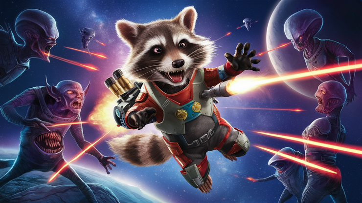 A hilarious and action-packed scene of Raccoon Rocket, a raccoon dressed in a rocket-powered suit, courageously battling against a group of menacing space aliens. The raccoon's suit is adorned with various gadgets and a small jet engine. The aliens, with their bizarre and otherworldly appearances, are firing lasers at our furry hero. In the background, a starry galaxy and a distant planet add to the cosmic setting.