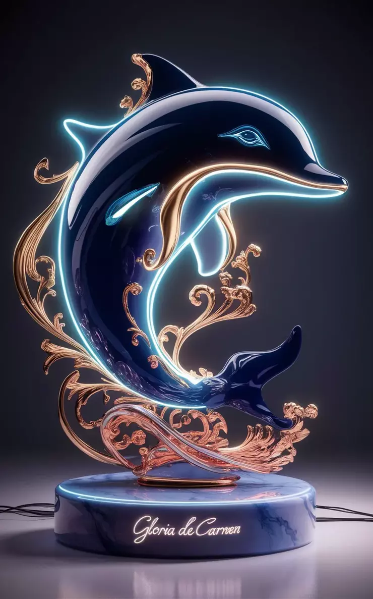 A stunning 4K high-definition image of an exquisitely designed neon glass dolphin sculpture. The navy blue dolphin's sleek body is adorned with intricate gold and silver accents, creating a luxurious and captivating appearance. The dolphin's neon glow contrasts beautifully with the sleek neon marble base, drawing the viewer's attention. The name "GLORIA DEL CARMEN" is elegantly etched on the base, adding a touch of sophistication. This masterpiece seamlessly blends unique digital art styles, resulting in a truly captivating and immersive 3D artwork.