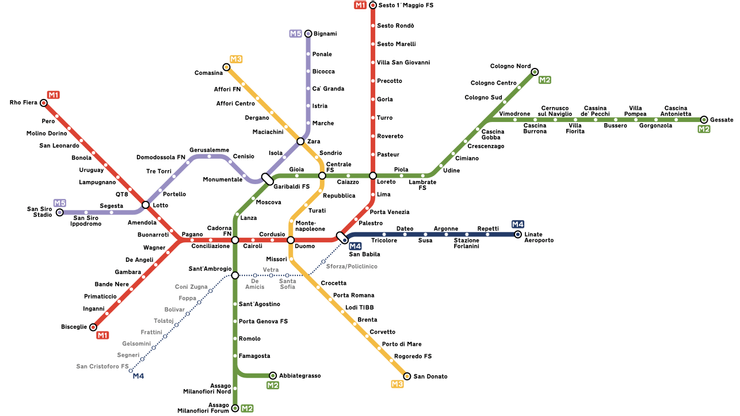 米蘭地鐵路線圖 (圖片來源：Milan Public Transport)