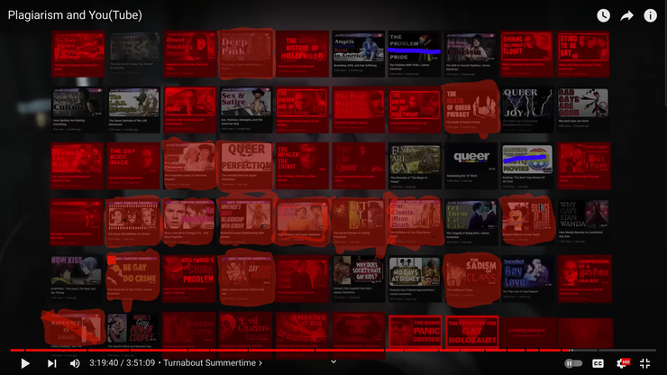 紅色為已確定有抄襲的影片內容。截圖出自 Hbomberguy 影片。