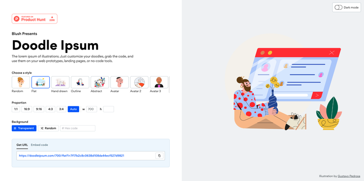 Doodle Ipsum 是一個提供手繪風格的圖片生成器。你可以在該網站上選擇不同的插圖主題，然後生成相應的手繪風格圖片。這些圖片可以用於填充設計稿、網站或應用程式的佈局，以便在設計階段提供視覺參考。Doodle Ipsum 提供了一個簡單且有趣的方式來添加視覺元素，使設計更加生動有趣。