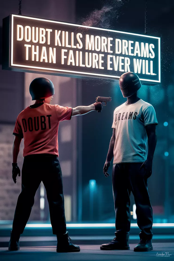 A striking image of a person in a t-shirt with the word 'Doubt' in bold letters, pointing a small gun at another person wearing a 'Dreams' t-shirt. The background is a futuristic cityscape with a blend of neon lights and dark shadows. The two figures are standing beneath a sign that displays the powerful quote, 'Doubt kills more dreams than failure ever will.' The overall atmosphere of the photo is intense and thought-provoking, with a strong focus on the contrasting typography and the symbolic confrontation between doubt and dreams., photo, typography, 3d render
