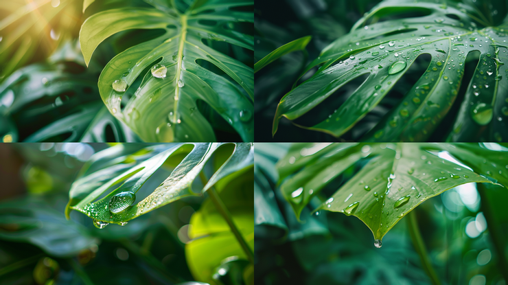 a dewdrop on the edge of monstera leaf, closeup shot, --ar 16:9