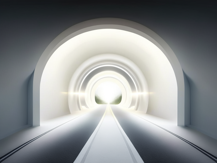 一條很長很長的隧道，隧道的出口非常的亮，亮到看不到任何東西 (AI繪圖：Recraft AI)