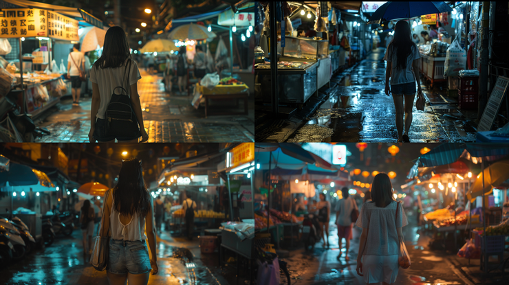 a girl walking in the night market, knee shot, --ar 16:9