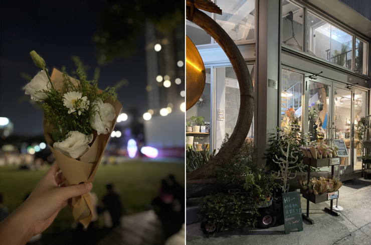 左：路過右邊花店買的可愛花束（背景是夜晚的市民廣場）