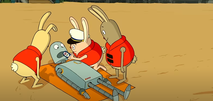 機器人遇難後，在海灘遇到一群兔子