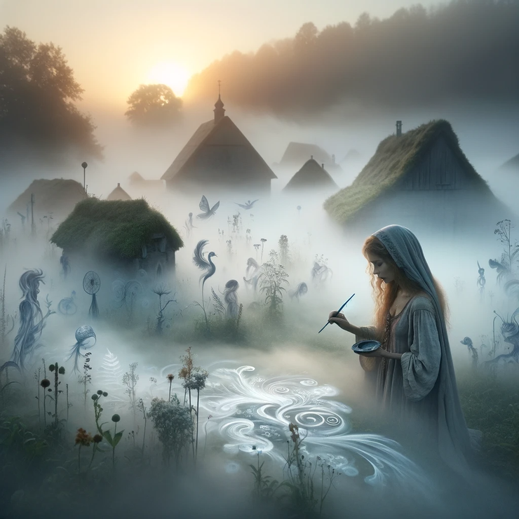 The enigmatic artist in her mist-filled village at dawn.