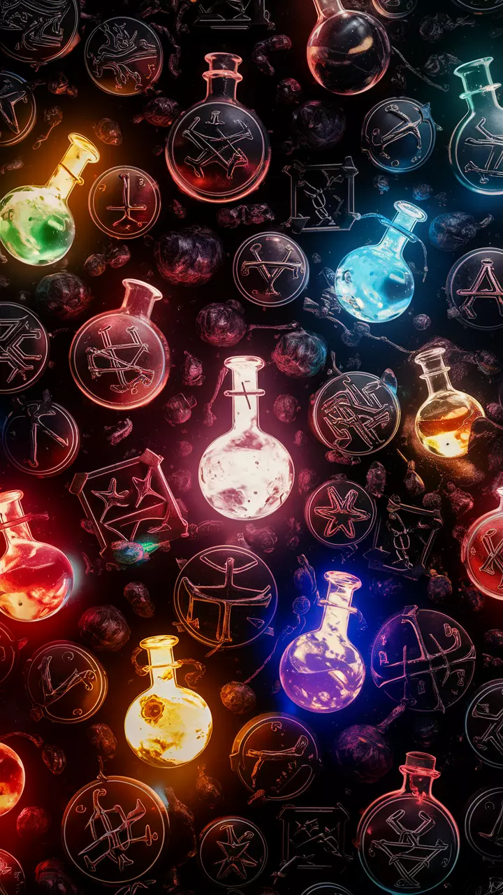 A captivating and immersive 4K illustration of a 3D rendered wallpaper, featuring a mesmerizing pattern of alchemy symbols and potion flasks. The alchemy symbols are intricately detailed and marked, while the potion flasks are exquisitely designed, emitting a soft, glowing light. The contrast between the dark symbols and the bright, colorful potion bottles creates a mysterious and enchanting atmosphere. This visually stunning design, with its vibrant 3D rendering and illustration, is perfect for a high-resolution wallpaper, adding a unique and captivating aesthetic to any digital background., vibrant