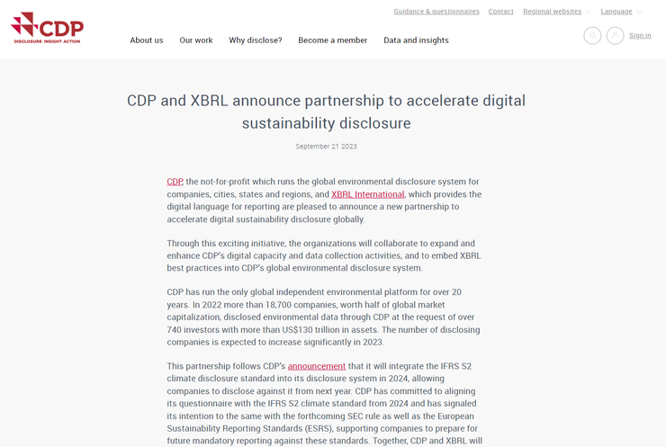CDP 與 XBRL 宣布合作，加速企業永續資訊揭露，資料來源：CDP