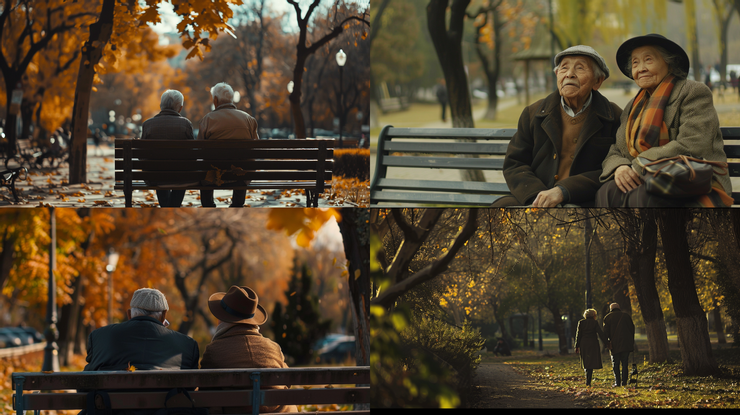 an old couple, in the park, long shot, --ar 16:9