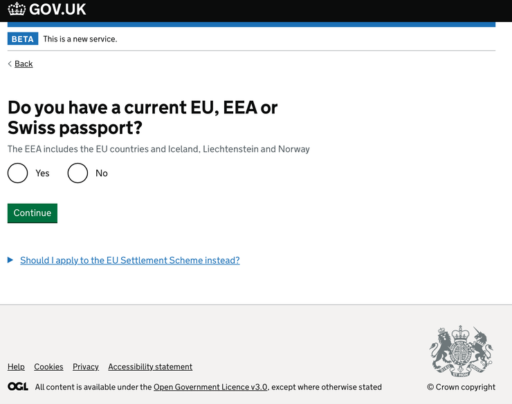 Do you have a current EU, EEA or Swiss passport?