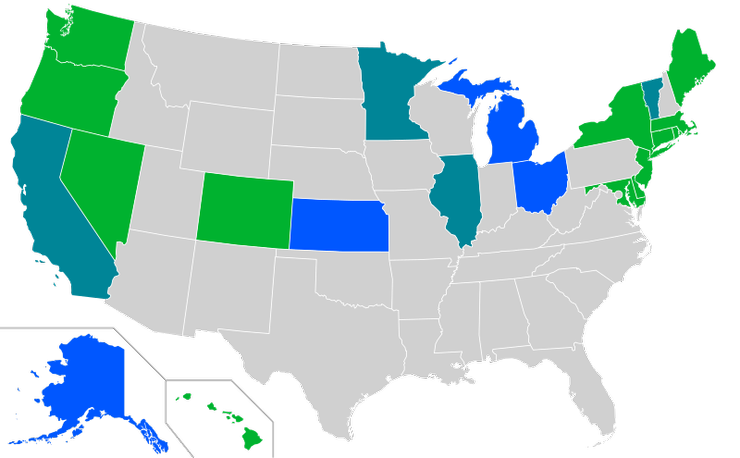 目前美國墮胎仍受保護的州。圖片取自維基百科