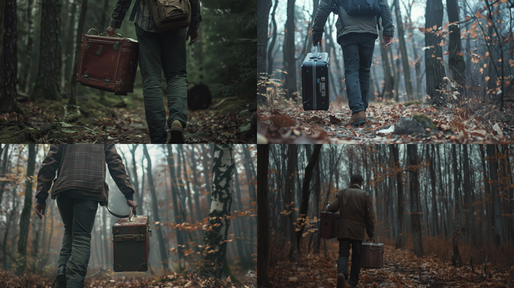 a man carrys a suitcase in the woods, mysterious, head-to-toe shot, --ar 16:9