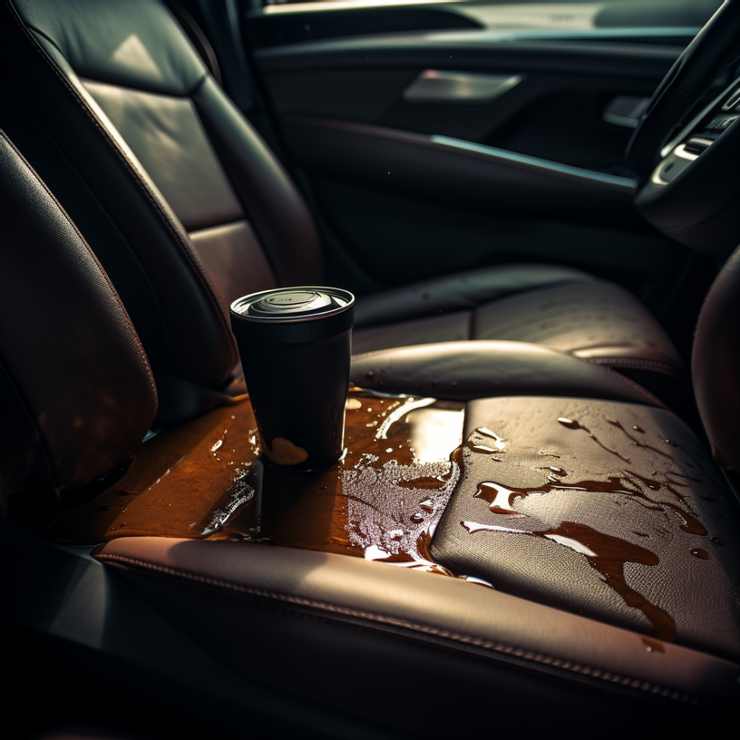 飲料被灑在車上要趕快清除，不然就會滲透到椅套裡。