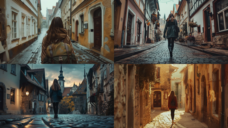 a young woman looking for someone in an old town, head-to-foot wide shot, --ar 16:9