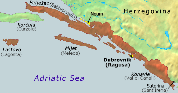 拉古薩共和國曾有的疆域。圖片來源：Wiki Commons, "Ragusa.png"