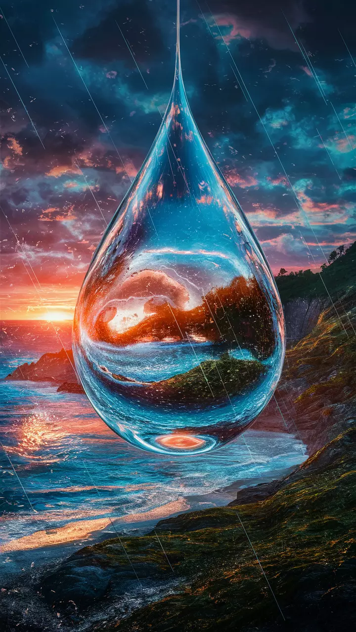A mesmerizing 3D render of a coastal landscape at sunset, featuring a single raindrop as the focal point. The raindrop, shimmering with light, reflects the vibrant hues of the setting sun, the sparkling water, and the picturesque shoreline. The scene masterfully blends the elements of nature, with the raindrop serving as a window to the awe-inspiring view. The overall atmosphere is serene and captivating, evoking a sense of wonder and tranquility., photo, vibrant, 3d render