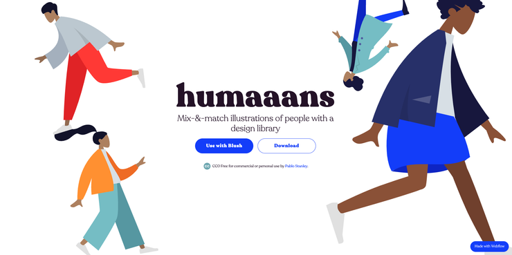 humaaans 是一個免費的插圖生成網站。提供了一系列可自由組合的可愛人物插圖，供設計師和開發人員使用。在Humaaans上，你可以根據需要選擇不同的人物、姿勢、服裝和配件，並將它們組合成你所需的場景或情境。這些插圖具有可定制的特性，你可以根據項目的需求調整顏色、大小和姿勢等。
