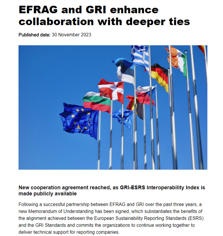 GRI 會與 EFRAG 繼續深入合作，加強與 ESRS 準則的互通性。資料來源：GRI