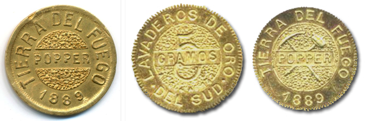 1克（左）與5克（右）波佩爾金幣，可以清楚看到「火地島」、「波佩爾」、「南方淘金公司」等字樣。