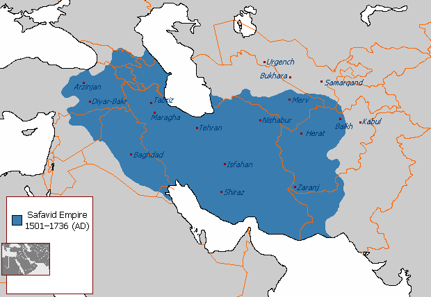薩法維王朝最大版圖。圖片來源：Wiki Commons, "File:Safavid Empire 1501 1722 AD.png"